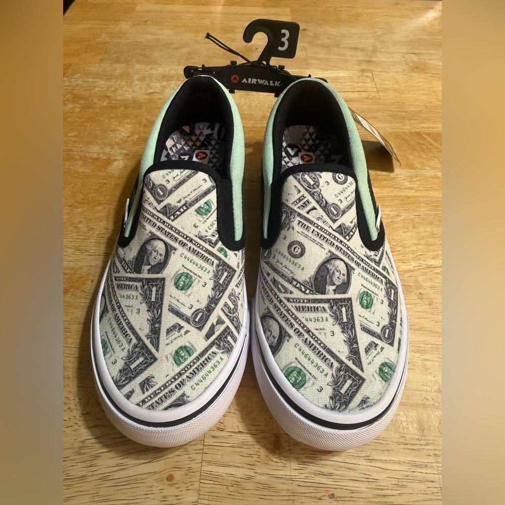 Airwalk Kids Slip-On Sneakers with Dollar Bill Print - Mint/White/Black